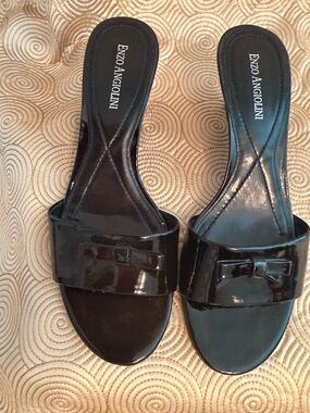 Enzo Angiolini Black Patent Slide Mules with Bow